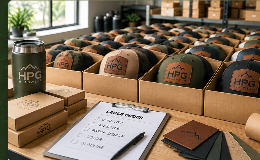 Bulk custom HPG Headwear hats prepared for a large order
