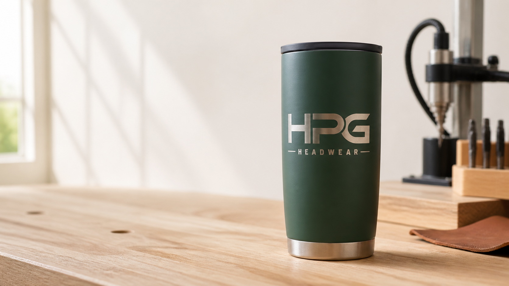 Forest green 20 ounce tumbler engraved with the HPG Headwear logo